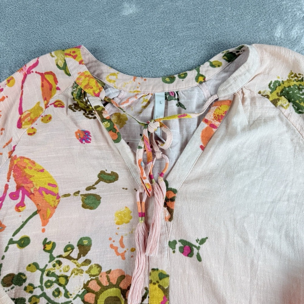 Melissa McCarthy Seven7 Top Womens Large Pink Floral Tasseled Puff Sleeve Boho - Picture 6 of 13
